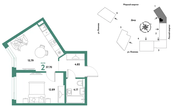 Планировка 2-комн. квартира, 37.7 м² ЖК «Сибирский сад» Планировка 2-комн. квартира, 37.7 м² ЖК «Сибирский сад»