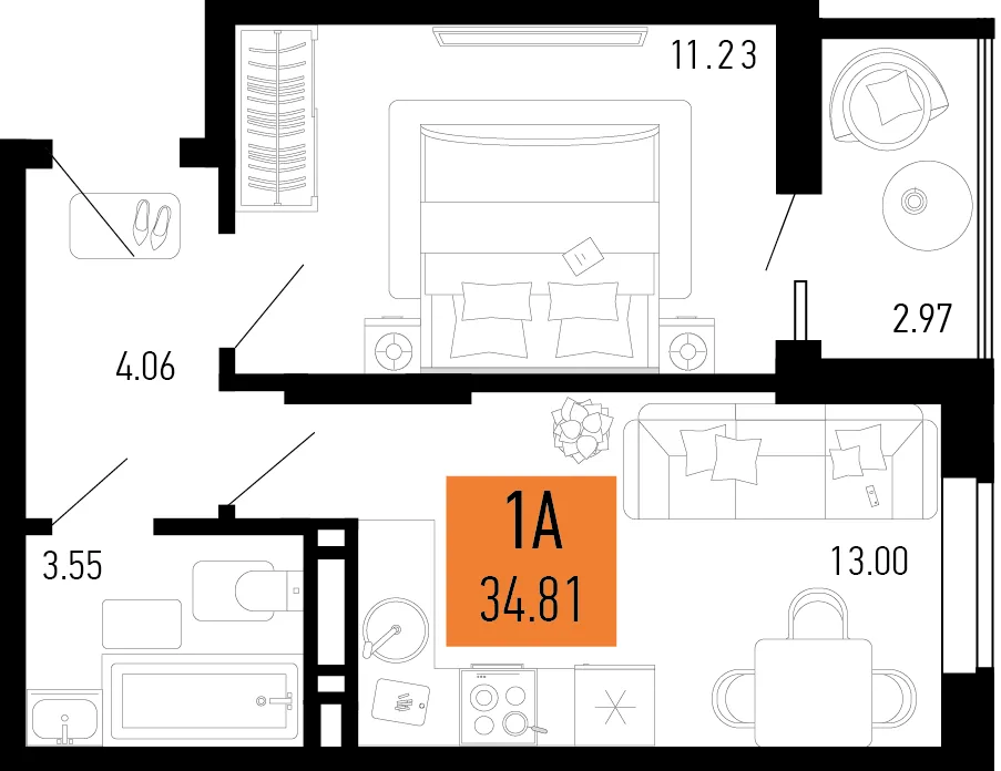 Планировка 1-комн. квартира, 34.81 м² ЖК «Столицыно»