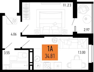 Планировка 1-комн. квартира, 34.81 м² ЖК «Столицыно»