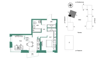 Планировка 2-комн. квартира, 44.95 м² ЖК «Уральский сад»