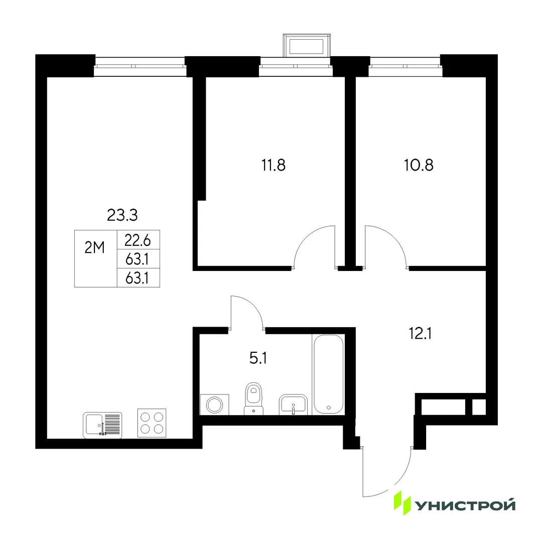 Планировка 2-комн. квартира, 63.1 м² ЖК «Стадиум»