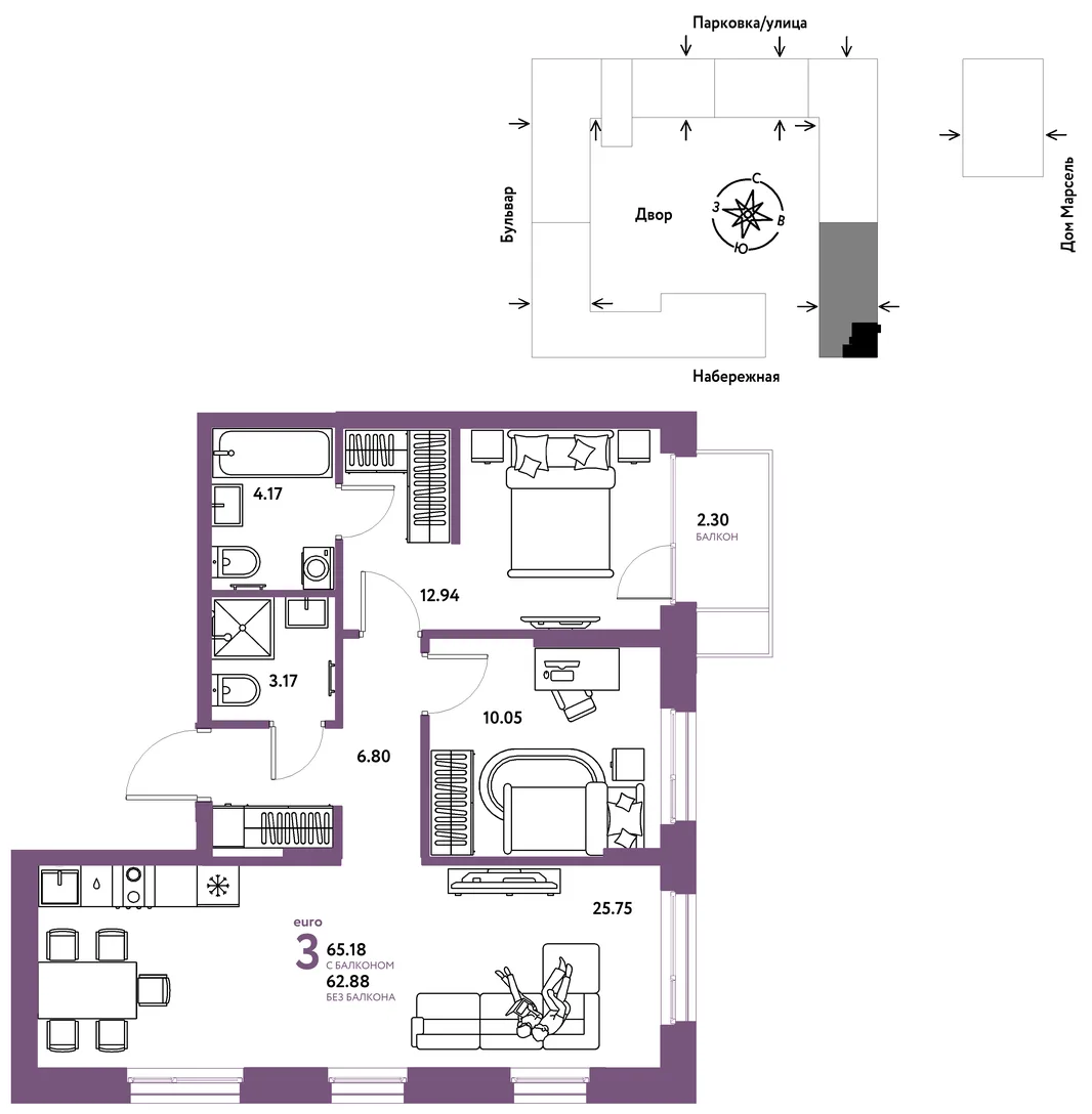 Планировка 3-комн. квартира, 65.18 м² ЖК «Европейский берег 2.0»