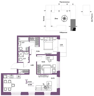 Планировка 3-комн. квартира, 65.18 м² ЖК «Европейский берег 2.0»