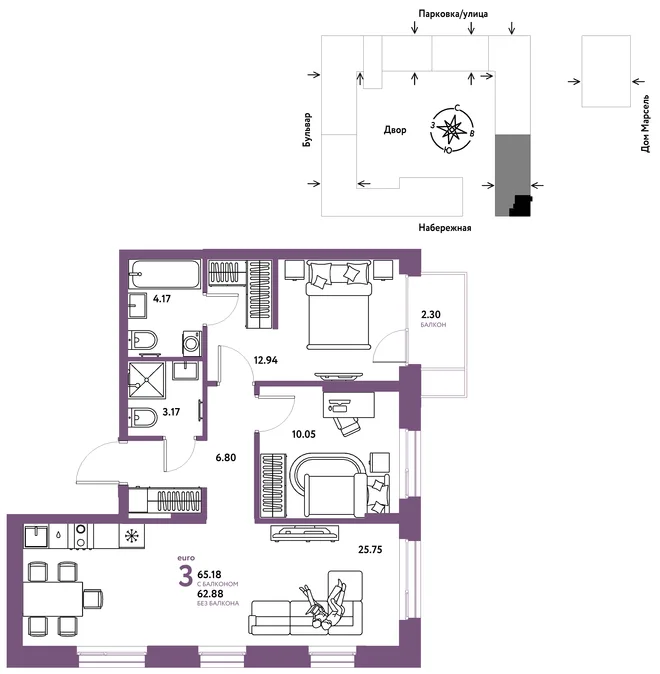 Планировка 3-комн. квартира, 65.18 м² ЖК «Европейский берег 2.0» Планировка 3-комн. квартира, 65.18 м² ЖК «Европейский берег 2.0»