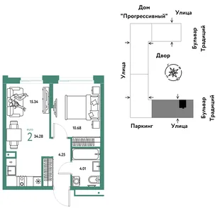 Планировка 2-комн. квартира, 34.28 м² ЖК «Микрорайон Домашний»