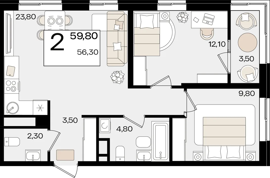 Планировка 2-комн. квартира, 59.8 м² ЖК «Патрики»
