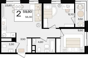 Планировка 2-комн. квартира, 59.8 м² ЖК «Патрики»