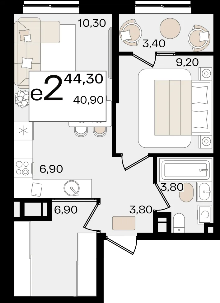 Планировка 2-комн. квартира, 44.3 м² ЖК «Патрики»