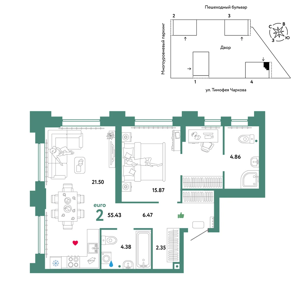 Планировка 2-комн. квартира, 55.43 м² ЖК «Микрорайон Звездный»
