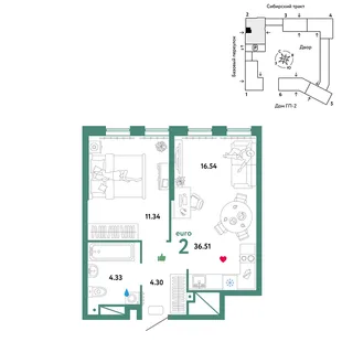 Планировка 2-комн. квартира, 36.51 м² ЖК «Сибирский сад»