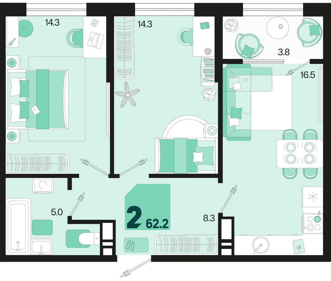 Планировка 2-комн. квартира, 62.2 м² ЖК «Первое место»