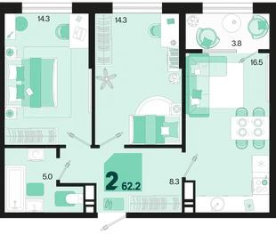 Планировка 2-комн. квартира, 62.2 м² ЖК «Первое место»