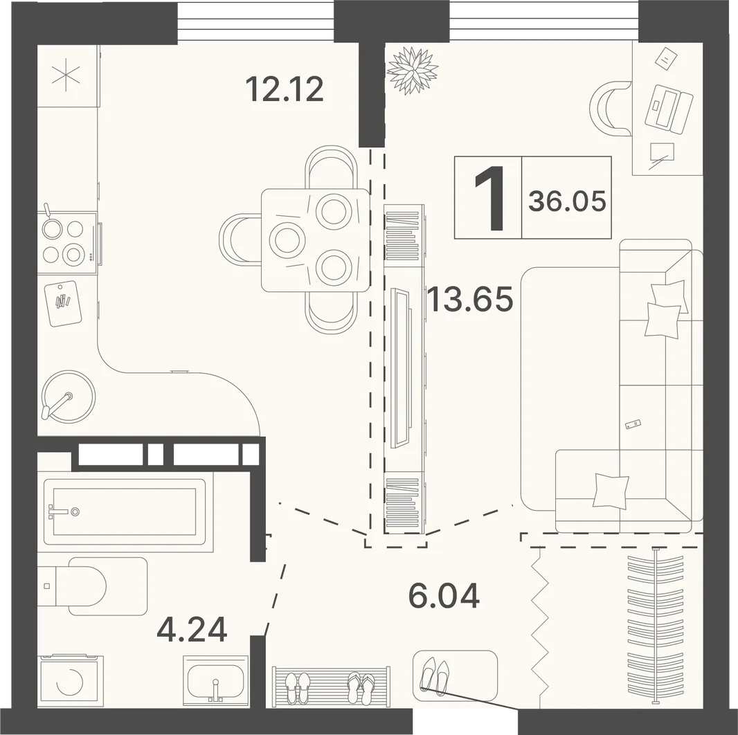 Планировка 1-комн. квартира, 36.05 м² ЖК «Светский лес»