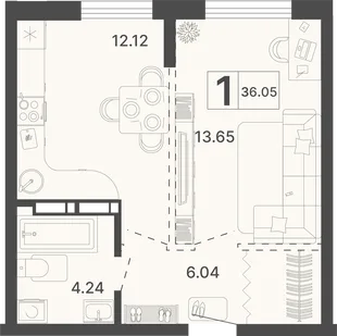 Планировка 1-комн. квартира, 36.05 м² ЖК «Светский лес»