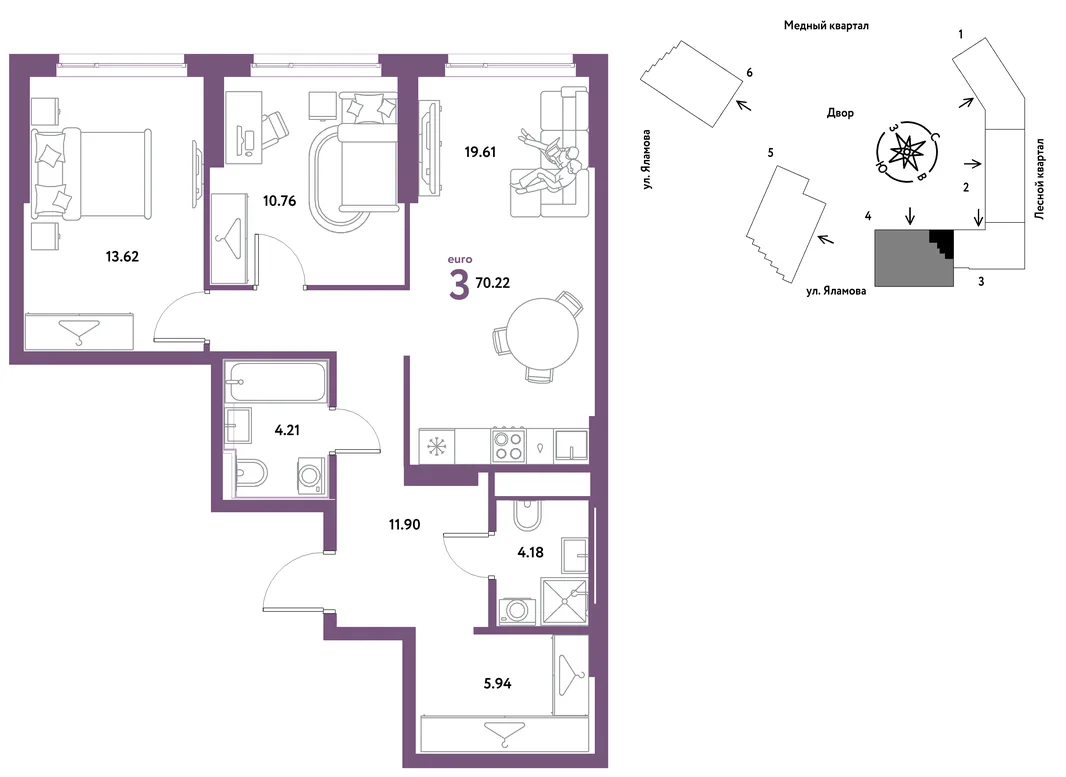 Планировка 3-комн. квартира, 70.22 м² ЖК «Сибирский сад»