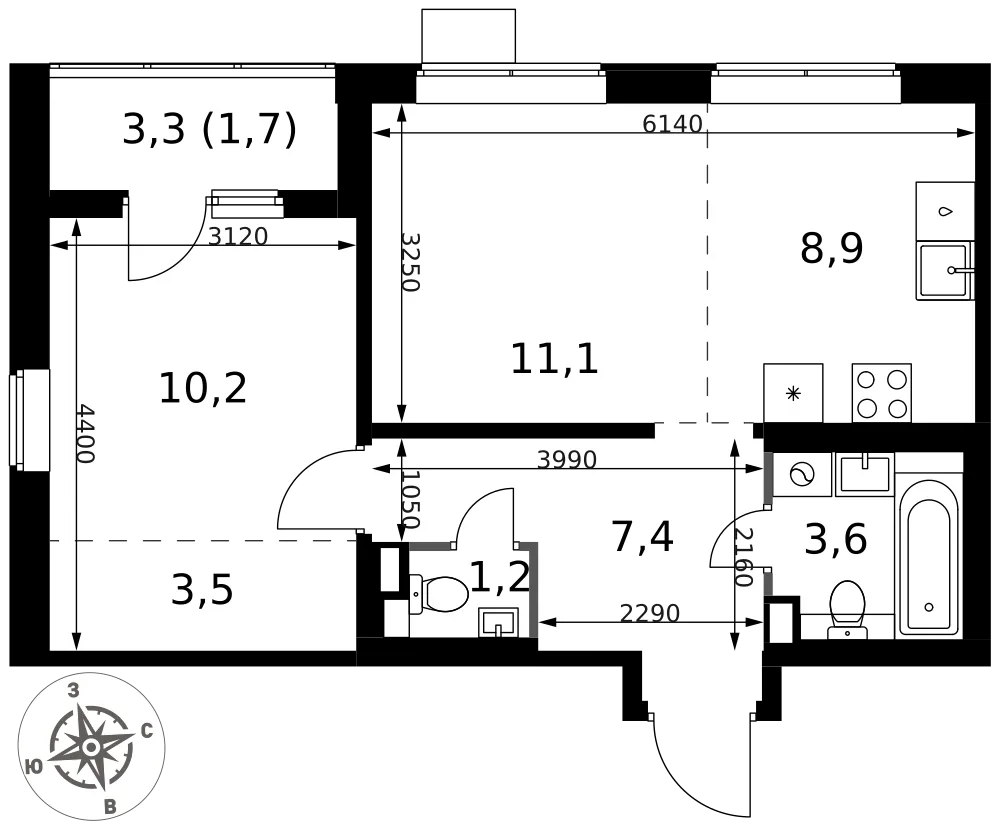 Планировка 2-комн. квартира, 47.6 м² ЖК «1-й Химкинский»