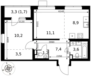 Планировка 2-комн. квартира, 47.6 м² ЖК «1-й Химкинский»
