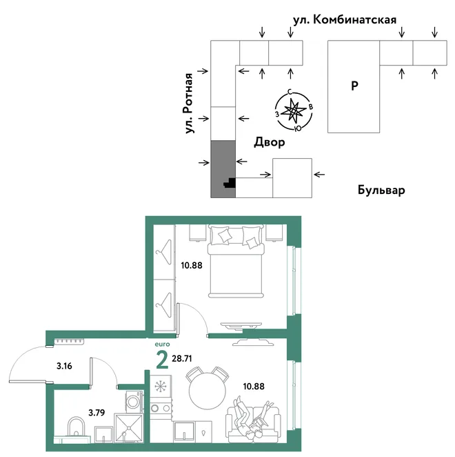 Планировка 2-комн. квартира, 28.71 м² ЖК «Уральский сад» Планировка 2-комн. квартира, 28.71 м² ЖК «Уральский сад»