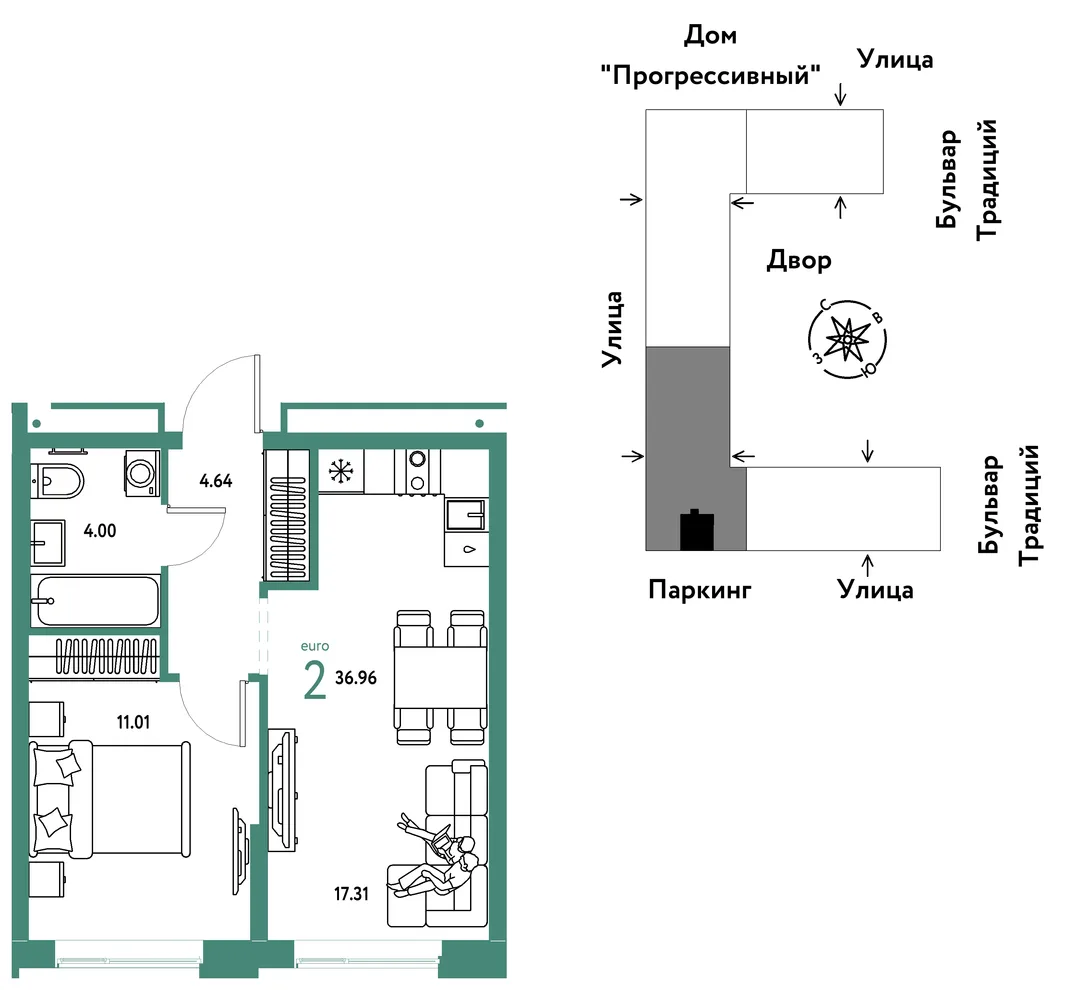 Планировка 2-комн. квартира, 36.96 м² ЖК «Микрорайон Домашний»