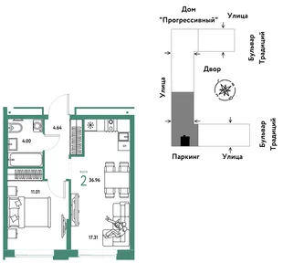 Планировка 2-комн. квартира, 36.96 м² ЖК «Микрорайон Домашний»