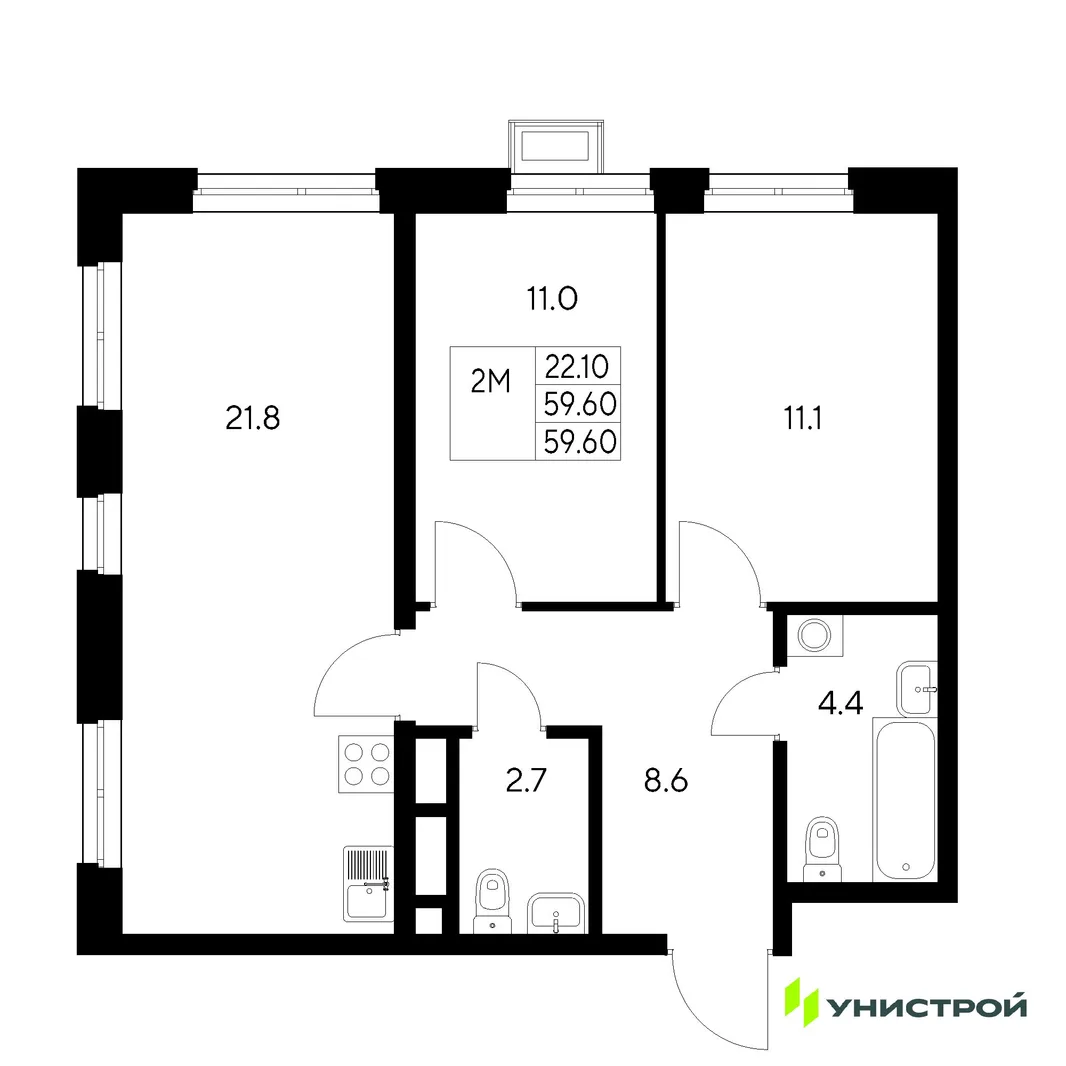 Планировка 2-комн. квартира, 59.6 м² ЖК «Стадиум»