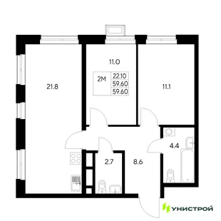 Планировка 2-комн. квартира, 59.6 м² ЖК «Стадиум»