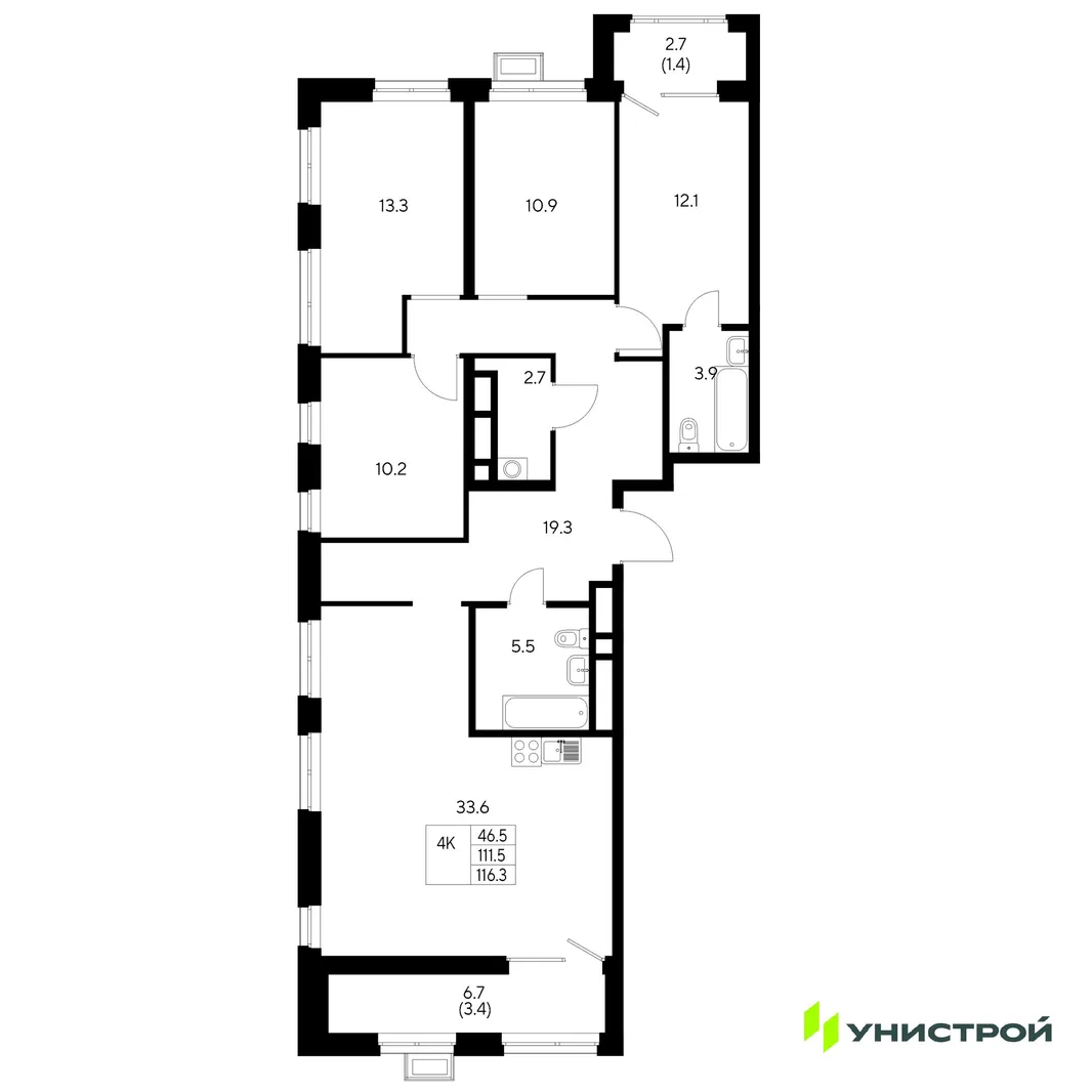 Планировка 4-комн. квартира, 116.3 м² ЖК «Стадиум»