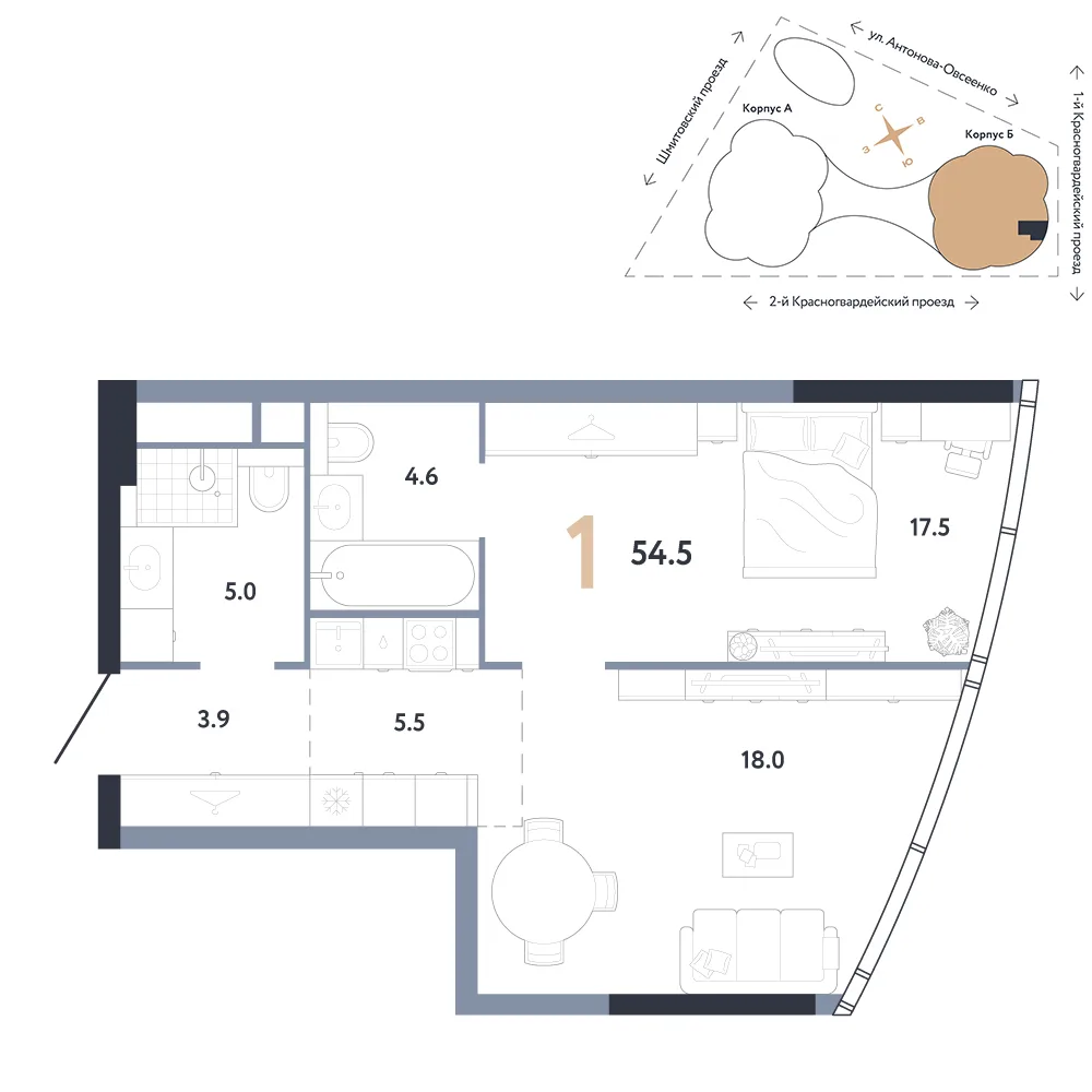 Планировка 1-комн. квартира, 54.5 м² ЖК «АУРУС Резиденции»