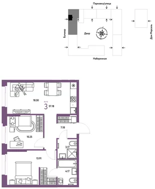 Планировка 3-комн. квартира, 57.18 м² ЖК «Европейский берег 2.0»