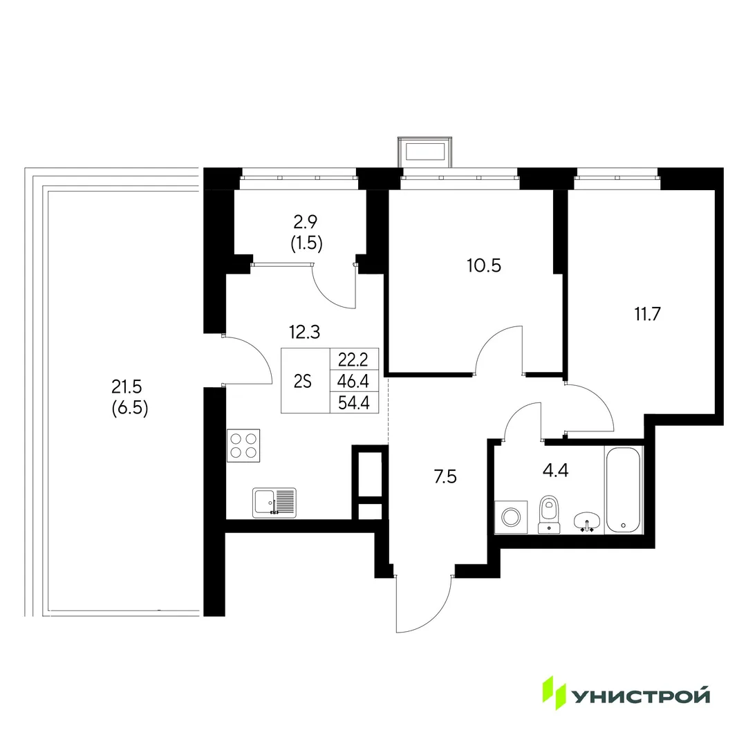 Планировка 2-комн. квартира, 54.4 м² ЖК «Стадиум»