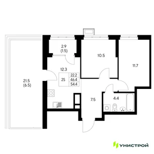 Планировка 2-комн. квартира, 54.4 м² ЖК «Стадиум»