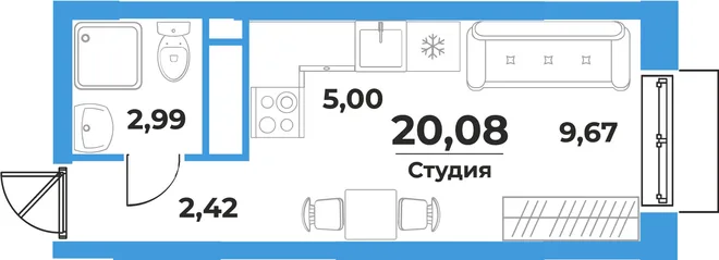 Планировка Студия, 20.08 м² ЖК «На семи холмах» Планировка Студия, 20.08 м² ЖК «На семи холмах»