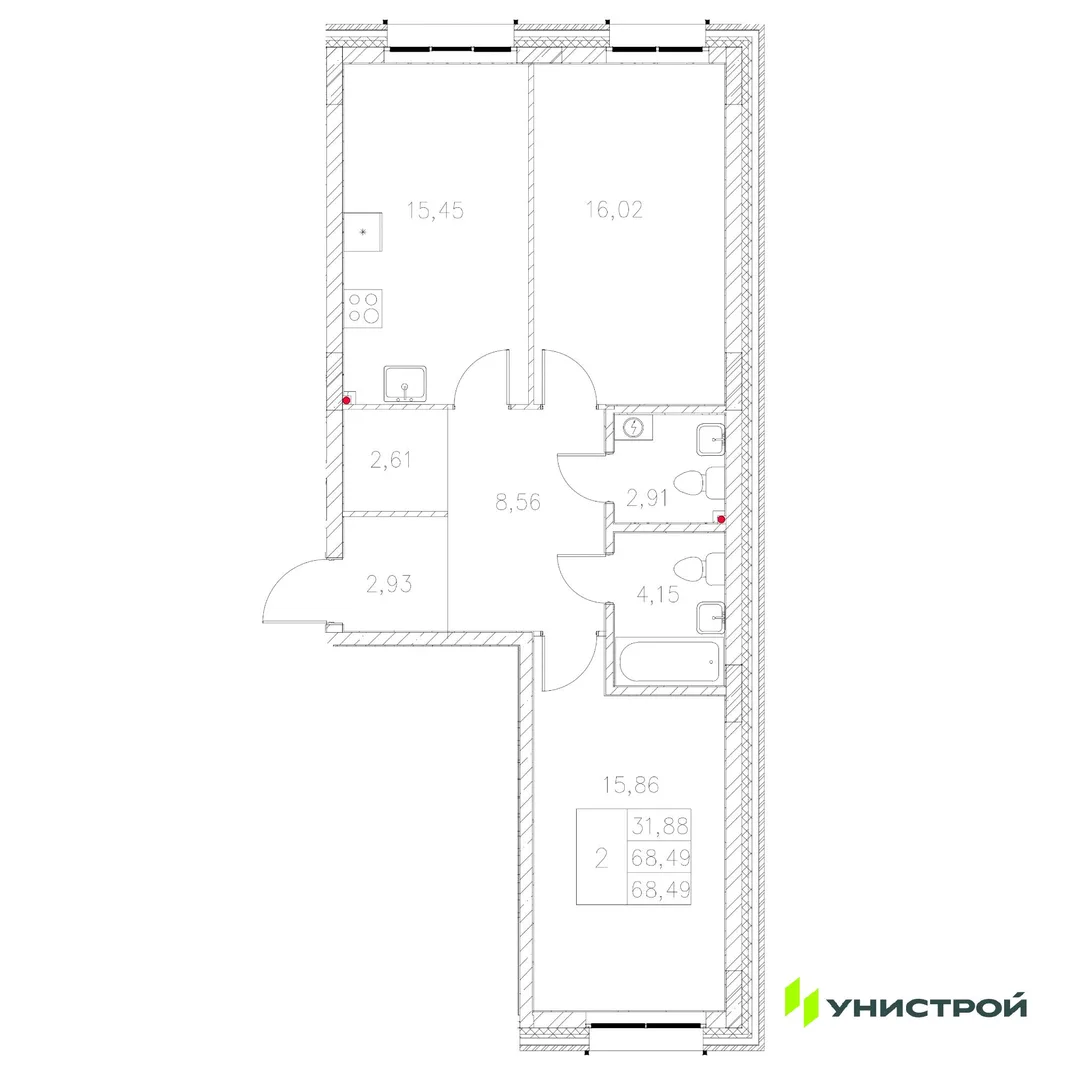 Планировка 2-комн. квартира, 68.49 м² ЖК «Statum»