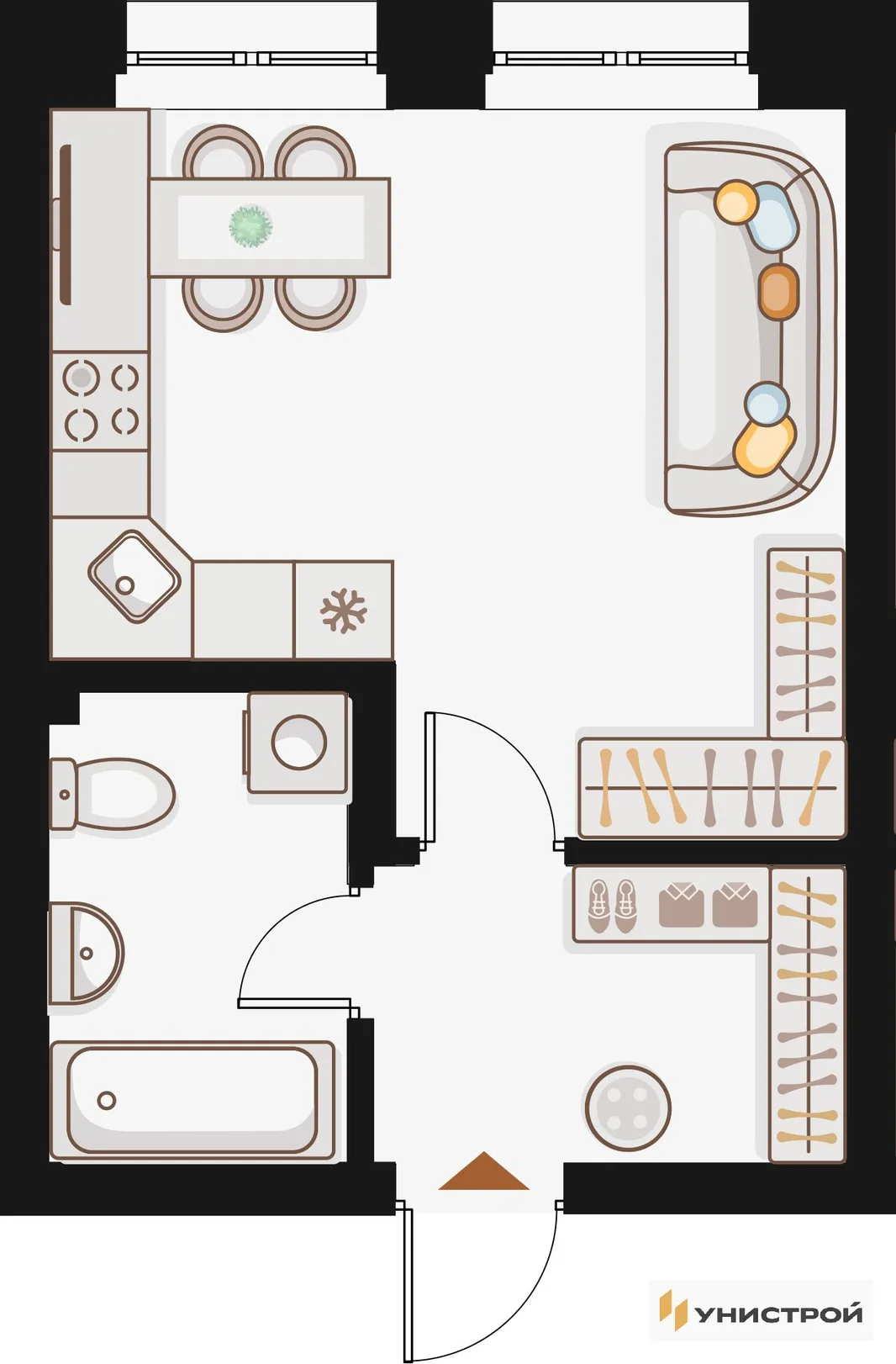 Планировка 1-комн. квартира, 29.14 м² ЖК «Жилой кластер Q на Кулагина»