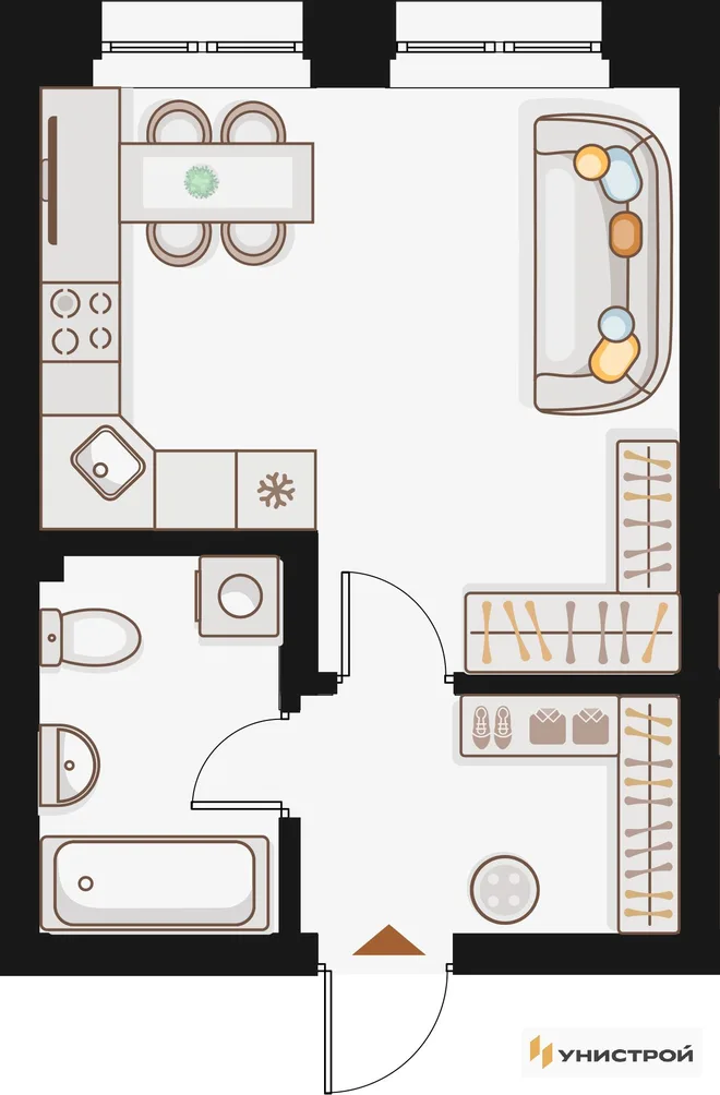 Планировка 1-комн. квартира, 29.14 м² ЖК «Жилой кластер Q на Кулагина»