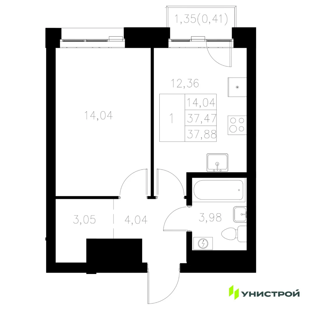 Планировка 1-комн. квартира, 37.88 м² ЖК «Statum»