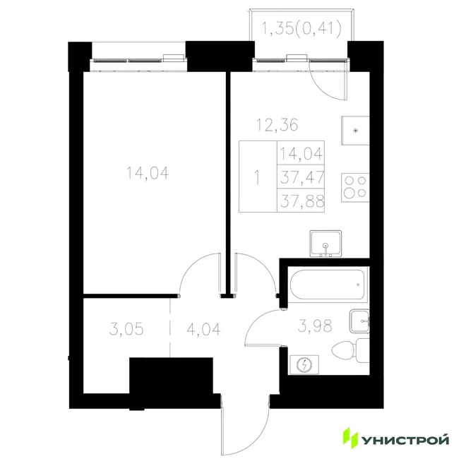 Планировка 1-комн. квартира, 37.88 м² ЖК «Statum»