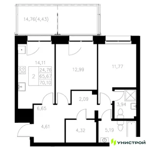 Планировка 2-комн. квартира, 70.1 м² ЖК «Statum»