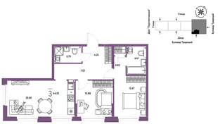 Планировка 3-комн. квартира, 64.64 м² ЖК «Микрорайон Домашний»