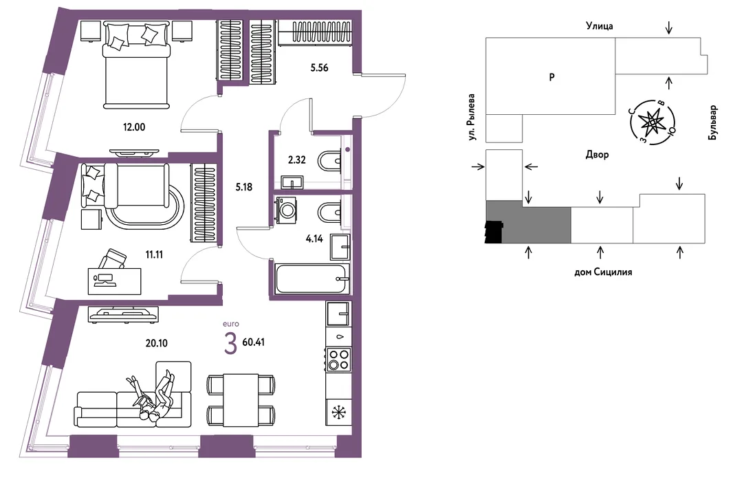 Планировка 3-комн. квартира, 60.41 м² ЖК «Остров-сад»