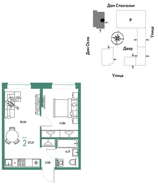 Планировка 2-комн. квартира, 37.21 м² ЖК «Европейский берег 2.0»