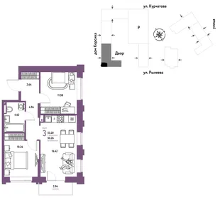 Планировка 3-комн. квартира, 53.58 м² ЖК «Остров-сад»