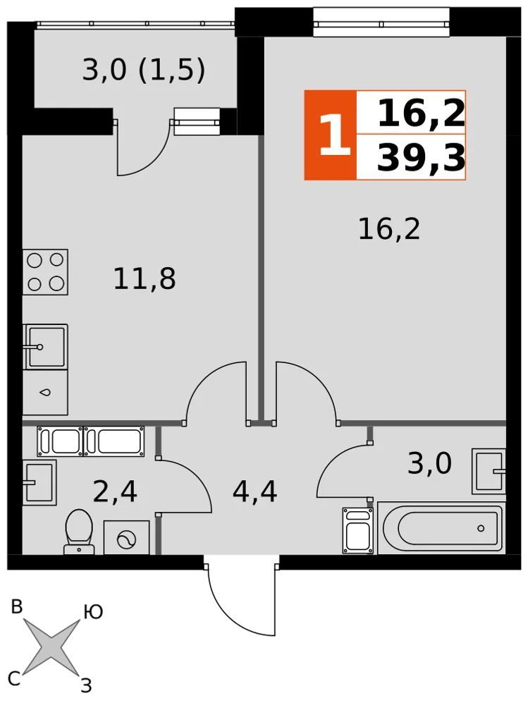 Планировка 1-комн. квартира, 39.3 м² ЖК «Олимп»