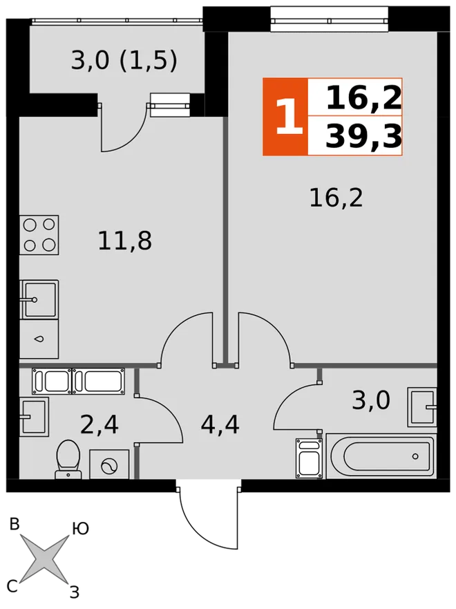 Планировка 1-комн. квартира, 39.3 м² ЖК «Олимп» Планировка 1-комн. квартира, 39.3 м² ЖК «Олимп»