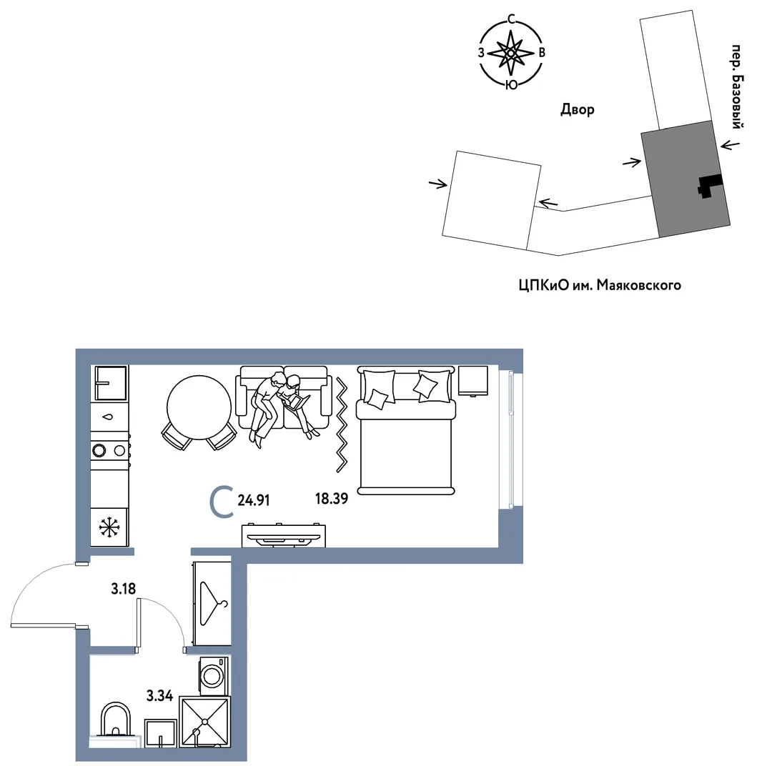 Планировка Студия, 24.91 м² ЖК «Сибирский сад»