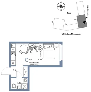 Планировка Студия, 24.91 м² ЖК «Сибирский сад»