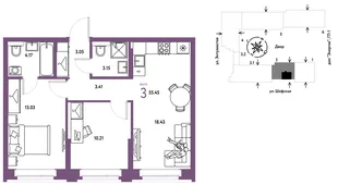 Планировка 3-комн. квартира, 55.45 м² ЖК «Страна.Энтузиастов»