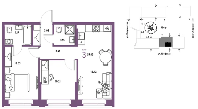 Планировка 3-комн. квартира, 55.45 м² ЖК «Страна.Энтузиастов»