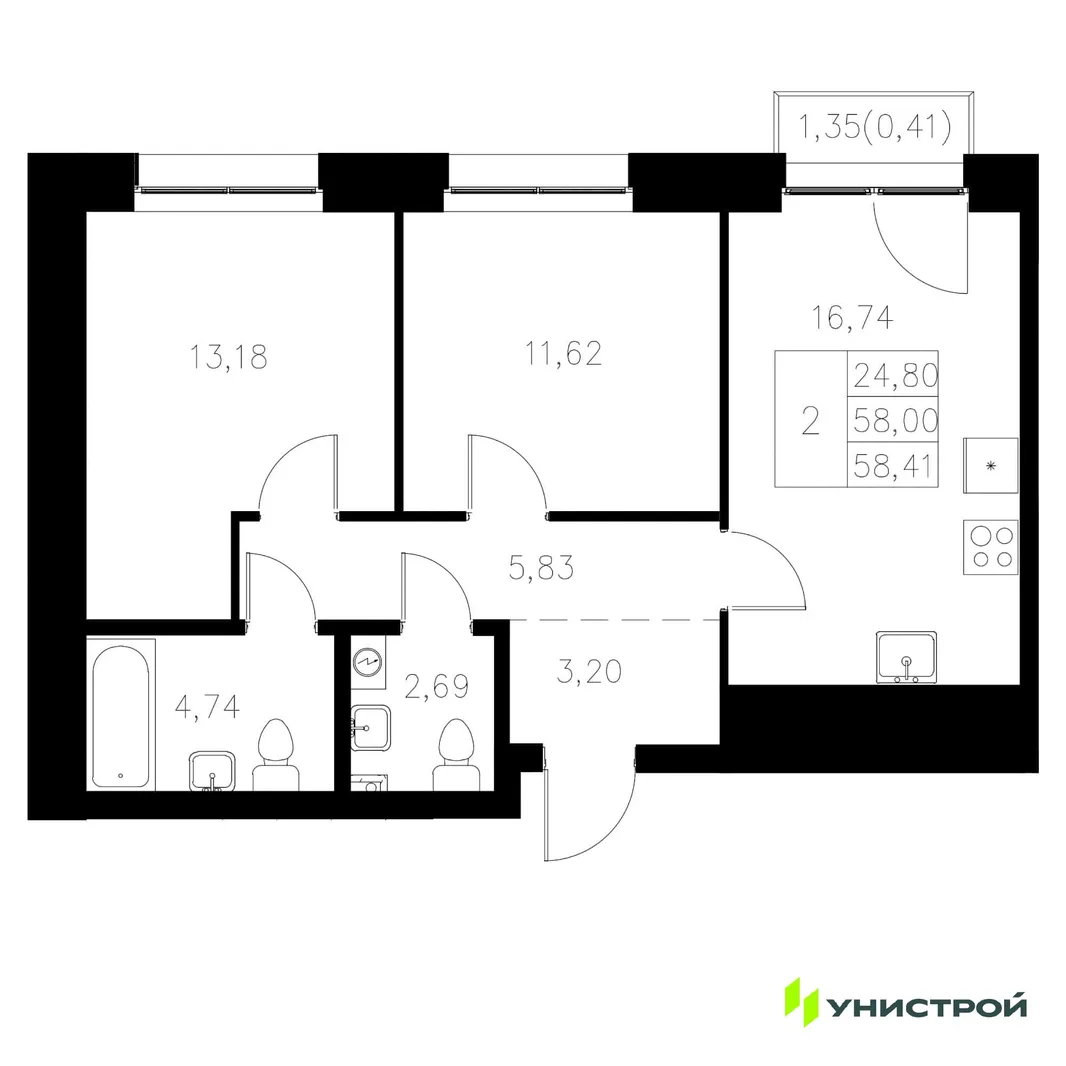 Планировка 2-комн. квартира, 58.41 м² ЖК «Statum»