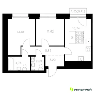 Планировка 2-комн. квартира, 58.41 м² ЖК «Statum»